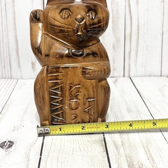 Hawaii Lucky Neko Cat Wood Carved 6" Figurine - Picture 7 of 8